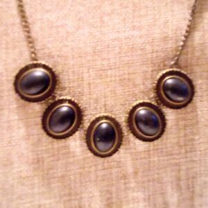 Boho Inspired Brass Tone and Navy Blue Cabochon Statement Necklace